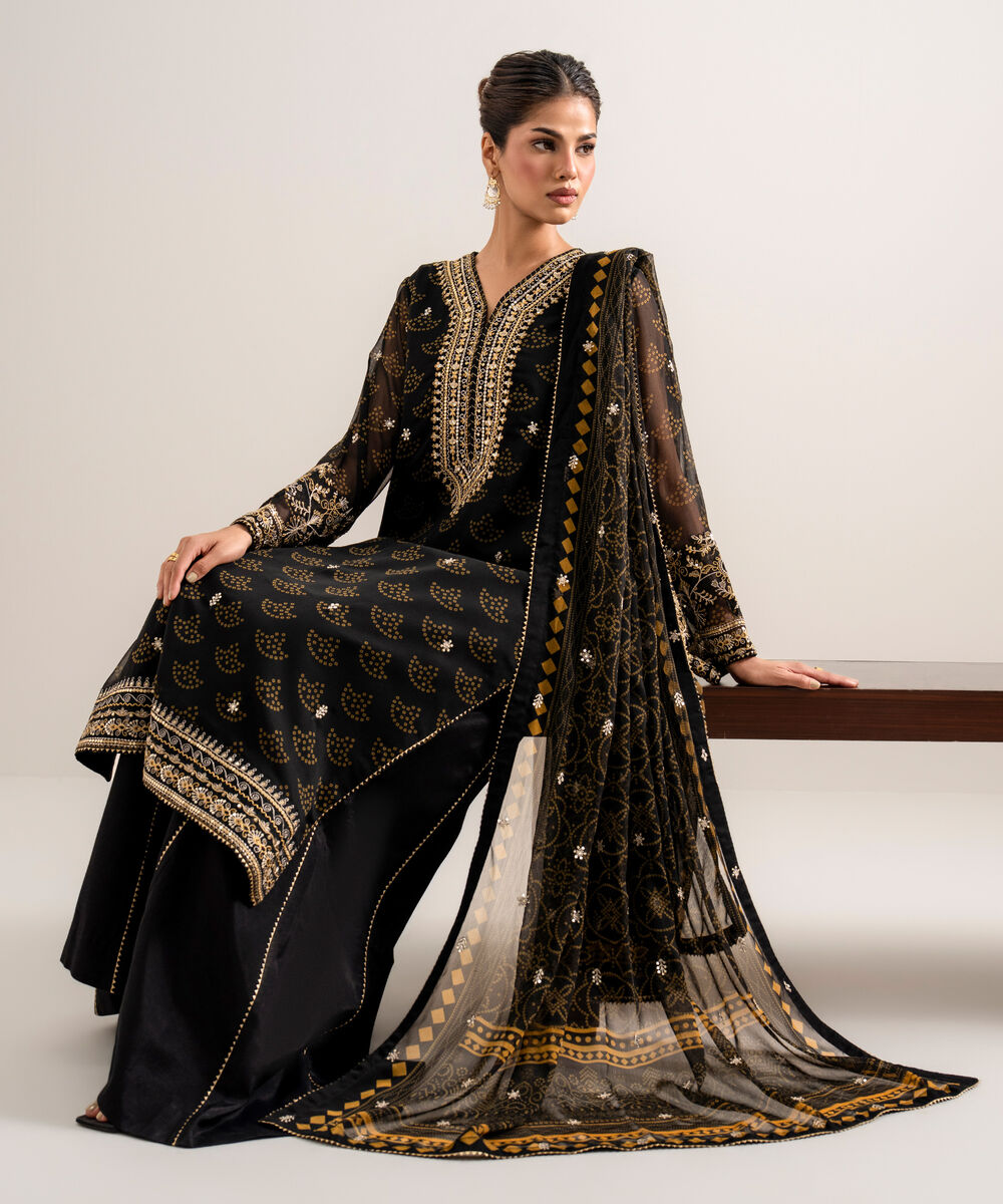 Women's Unstitched Embroidered Blended Chiffon Black 3 Piece Suit