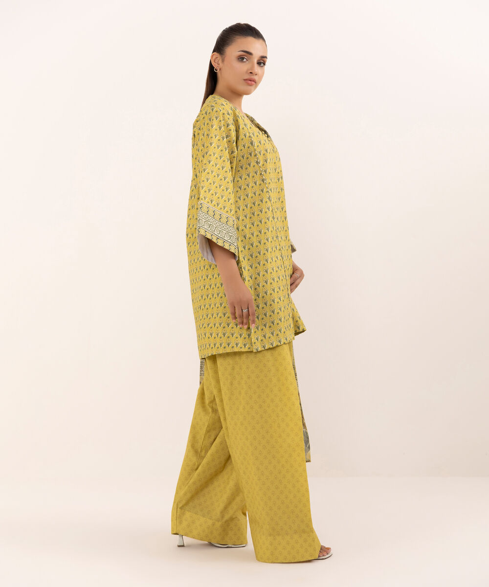 Women's Unstitched Cotton Printed Mustard Three Piece Suit