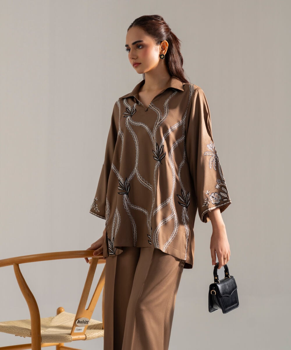 Women's RTW Solid Embroidered Dark Beige Bedford Shirt