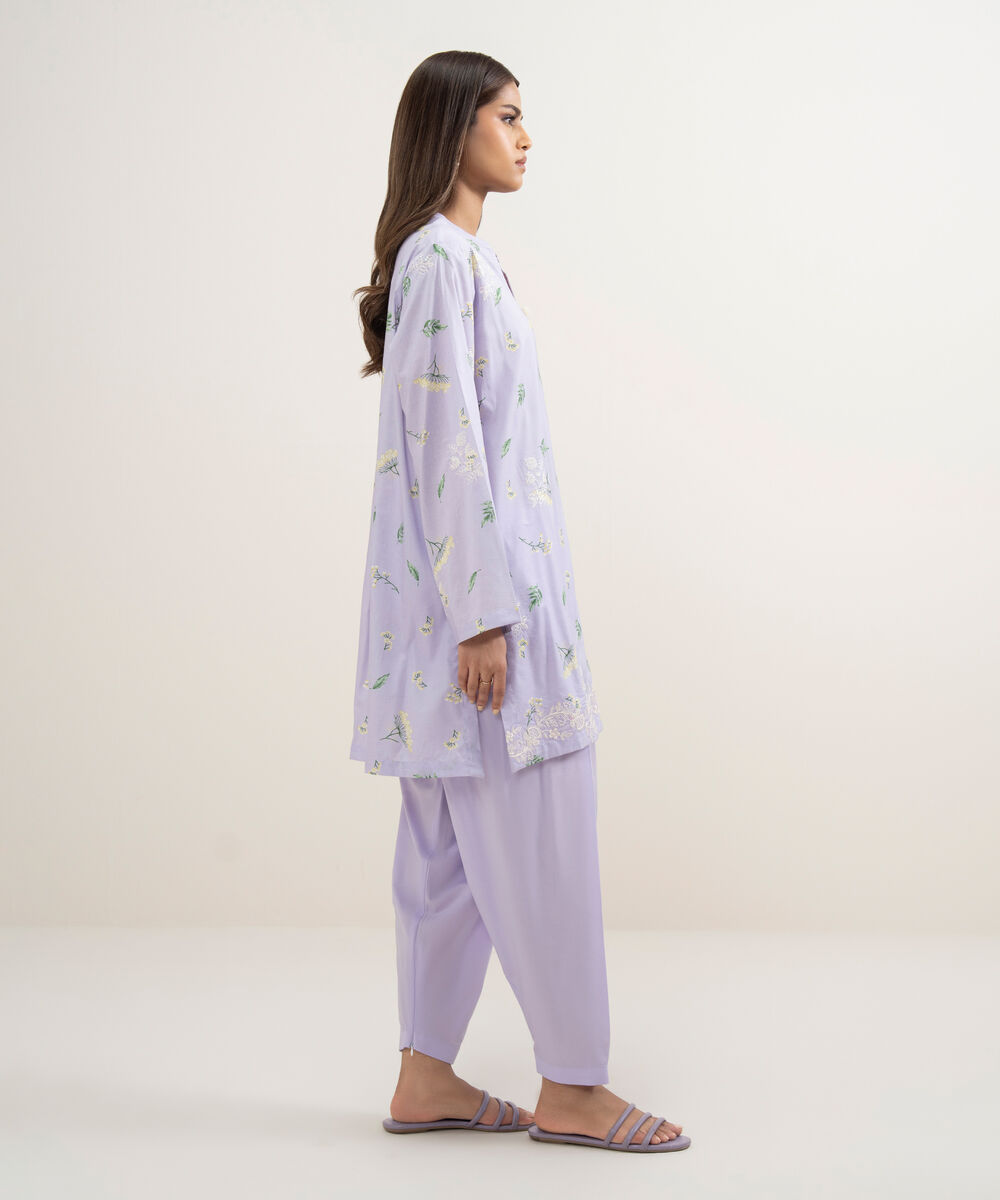 Women's RTW Cotton Viscose Embroidered Purple Straight Shirt