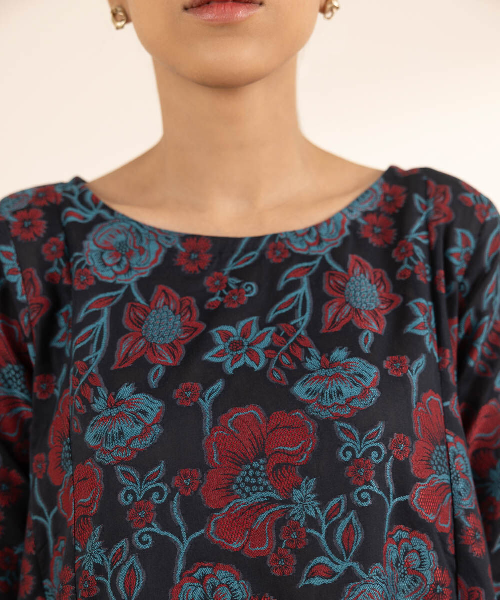 Women's RTW Extra Weft Jacquard Black Solid A-Line Shirt