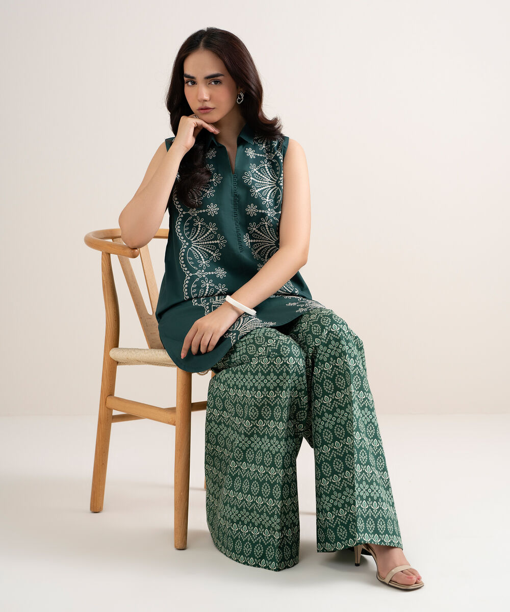 Women's Unstitched Cotton Embroidered Green 2 Piece Suit