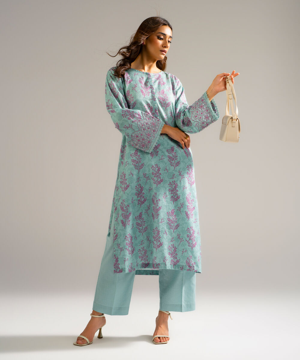 Women's RTW Self Jacquard Embroidered Blue 2 Piece Suit