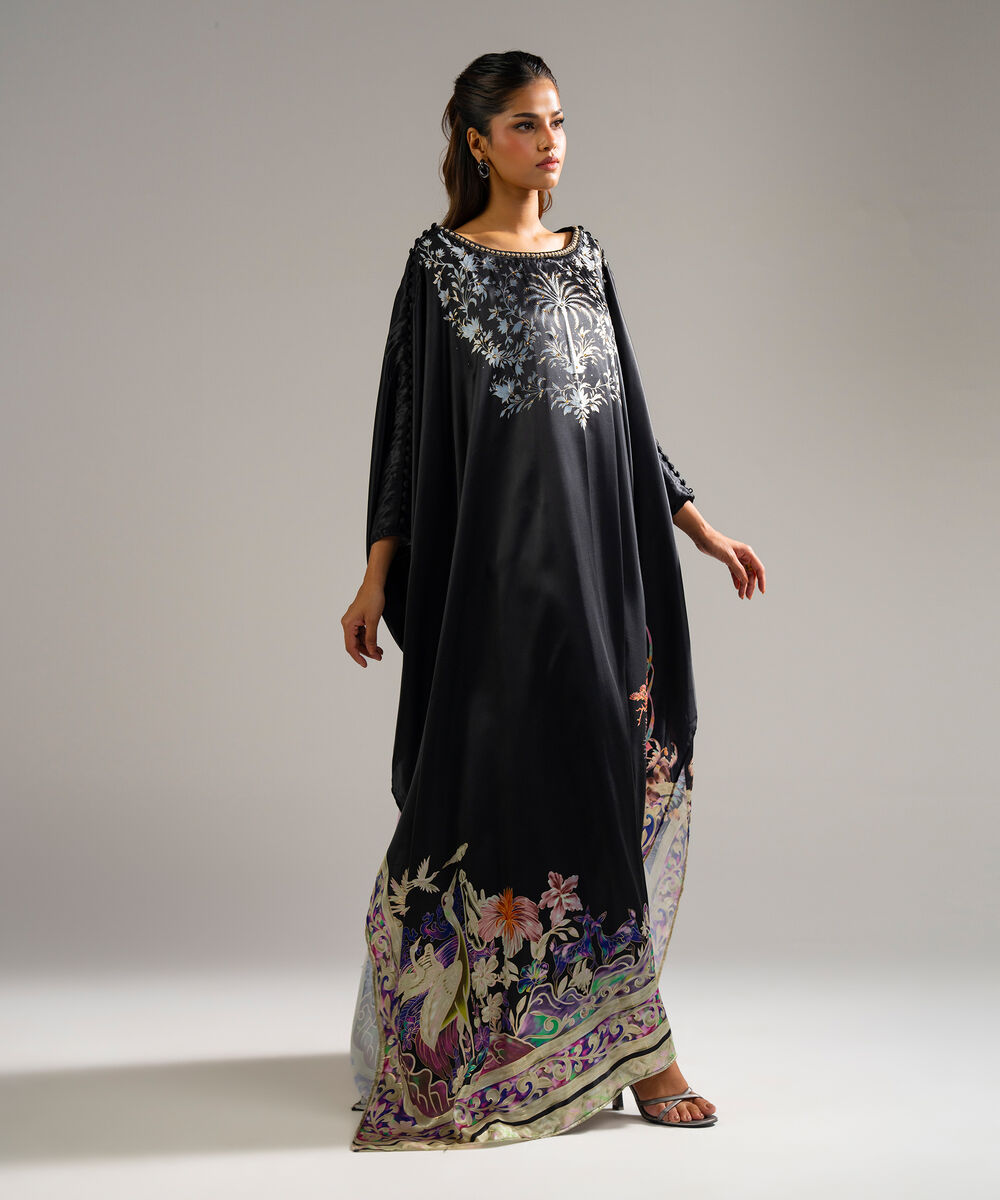 Women's RTW Blended Satin Printed Black Kaftan