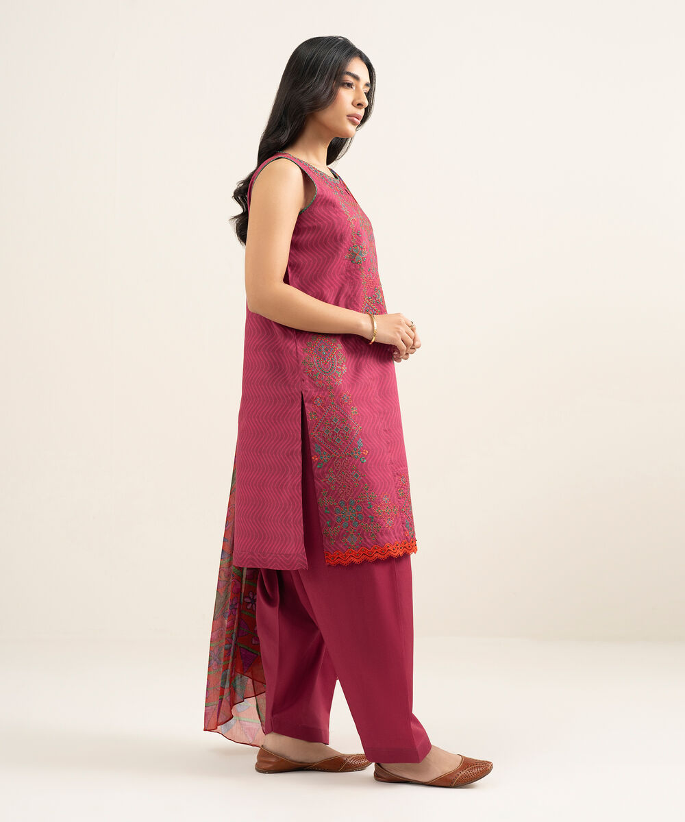 Women's Unstitched Lawn Embroidered Pink 3 Piece Suit