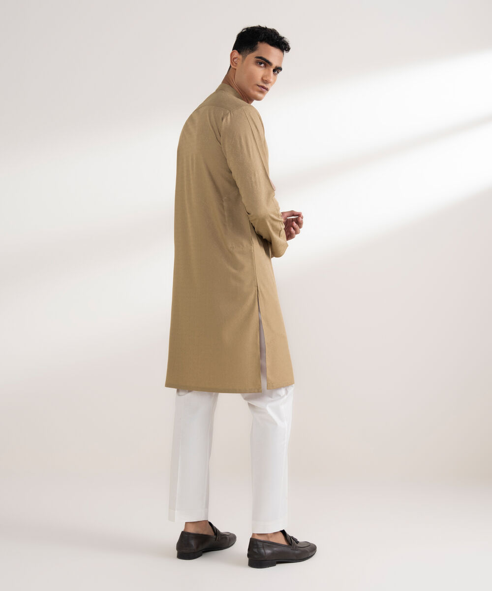Men's Stitched Jacquard Khaki Kurta