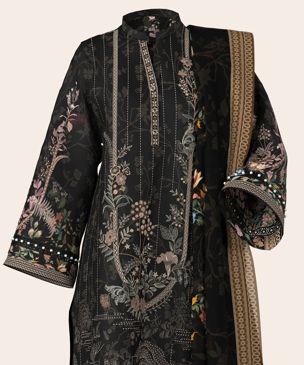 Women's Unstitched Lawn Black  Embroidered 3 Piece Suit