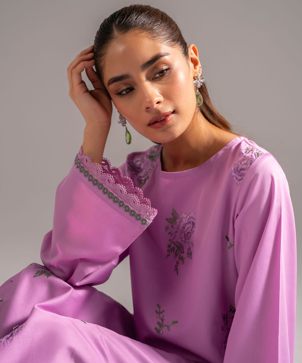 Women's RTW Cotton Satin Embroidered Lavender 3 Piece Suit