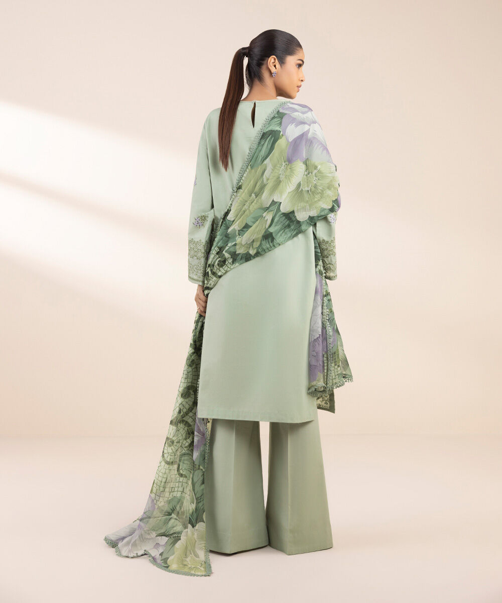 Women's Unstitched Green Cotton 3 Piece Suit