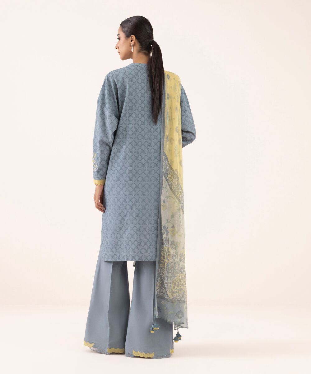 Women's Unstitched Dobby Embroidered Grey Three Piece Suit