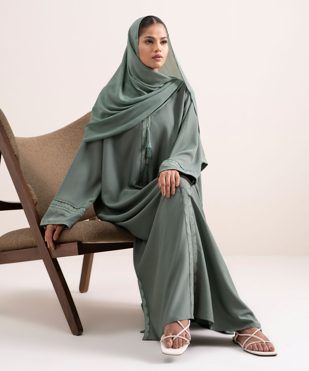 Women's Silky Textured Mint Green Regular Abbaya Set