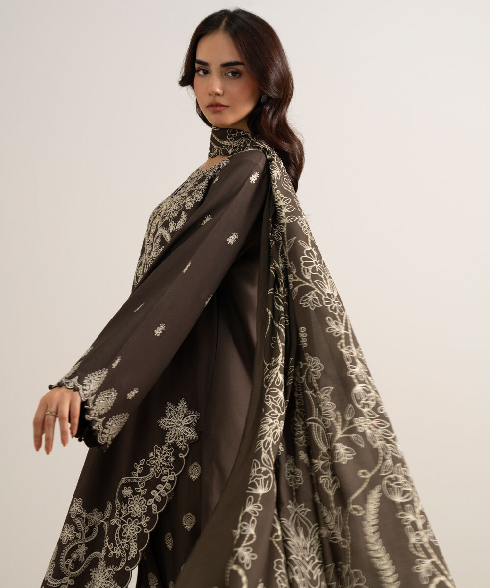 Women's Unstitched Embroidered Linen Brown 3 Piece Suit