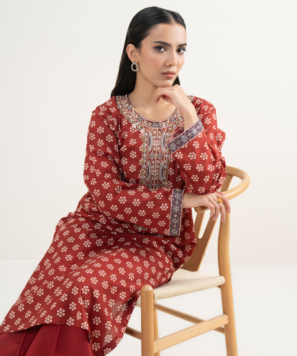 Women's RTW Slub Lawn Embroidered Maroon Straight Shirt