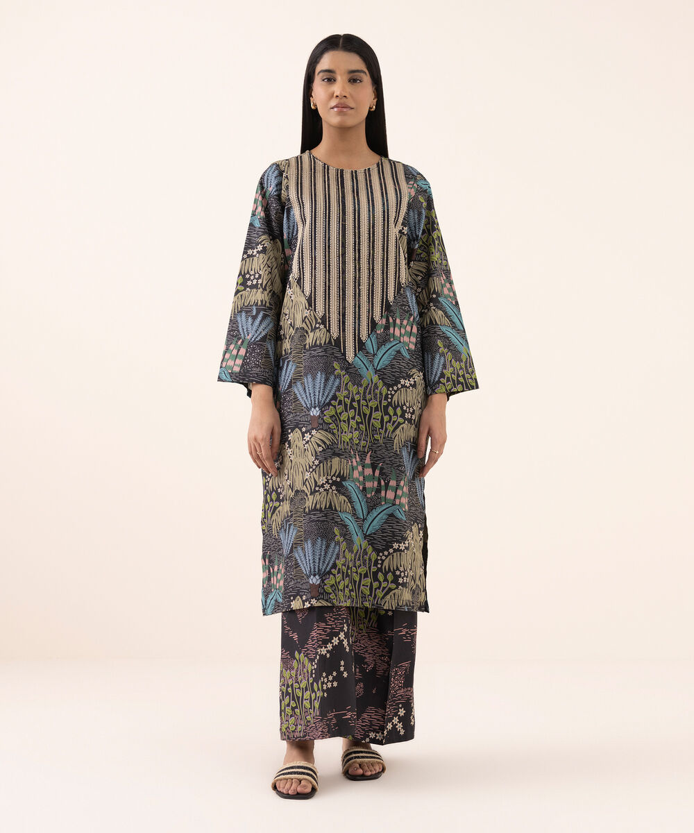 Women's RTW Texured Lawn Black Printed Aline Shirt