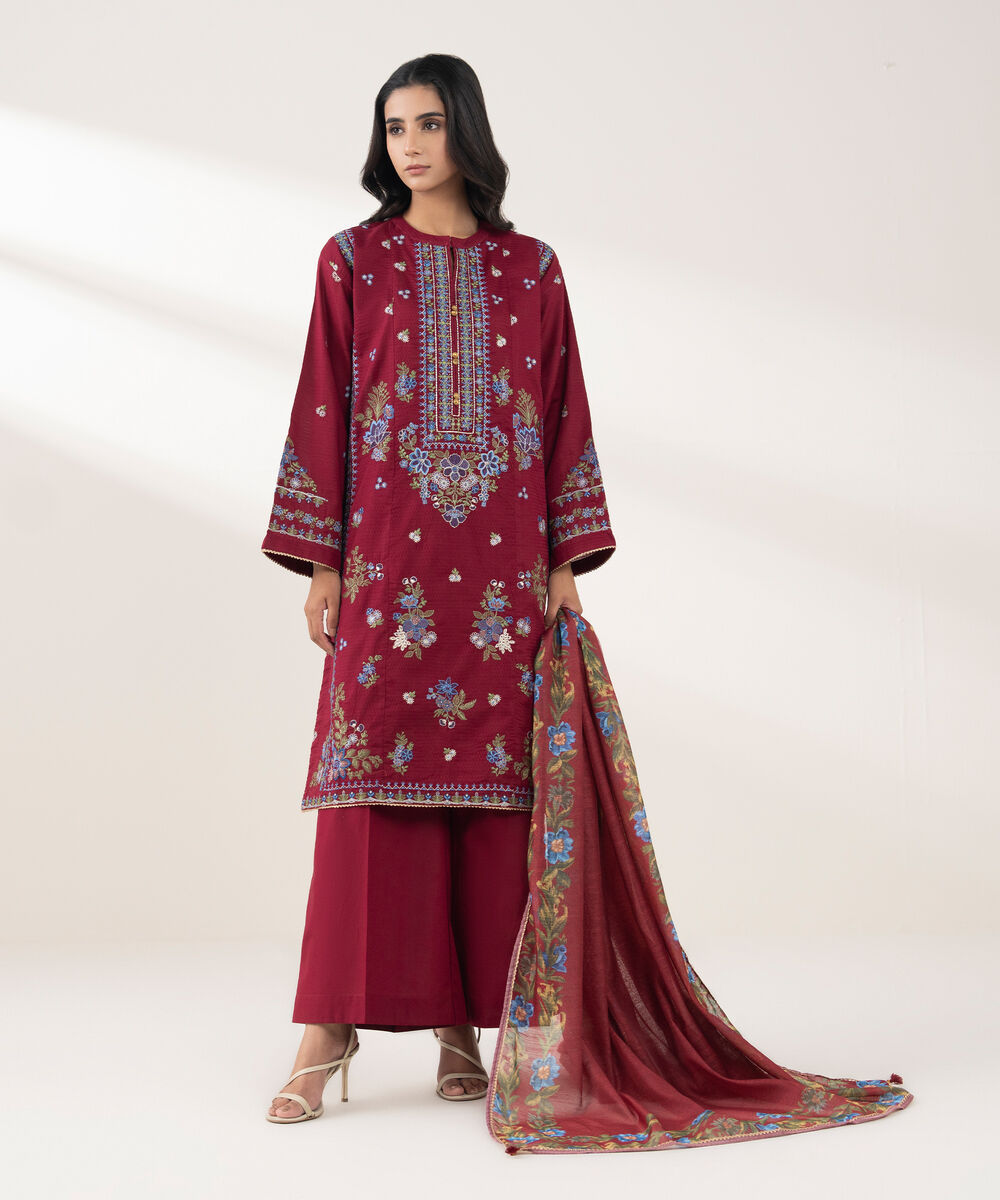 Women's RTW Dobby Embroidered Maroon 3 Piece Suit