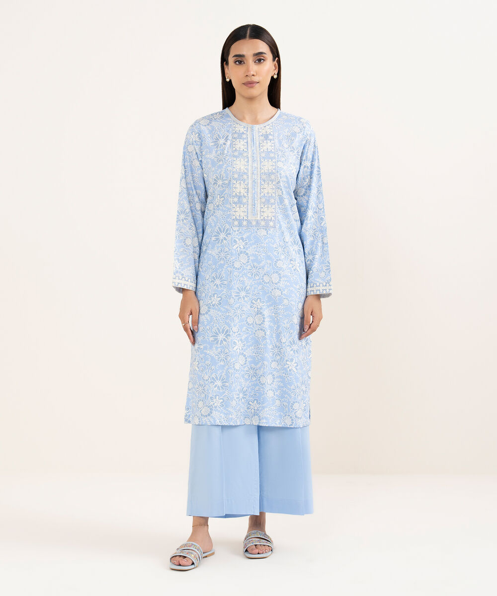 Women's RTW Lawn Blue Embroidered Straight Shirt