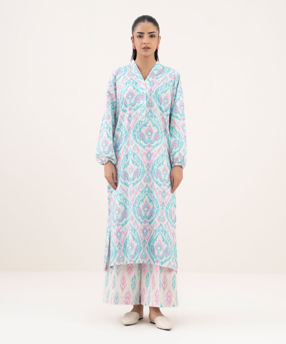 Women's RTW Light Khaddar Printed Straight Turquoise Shirt