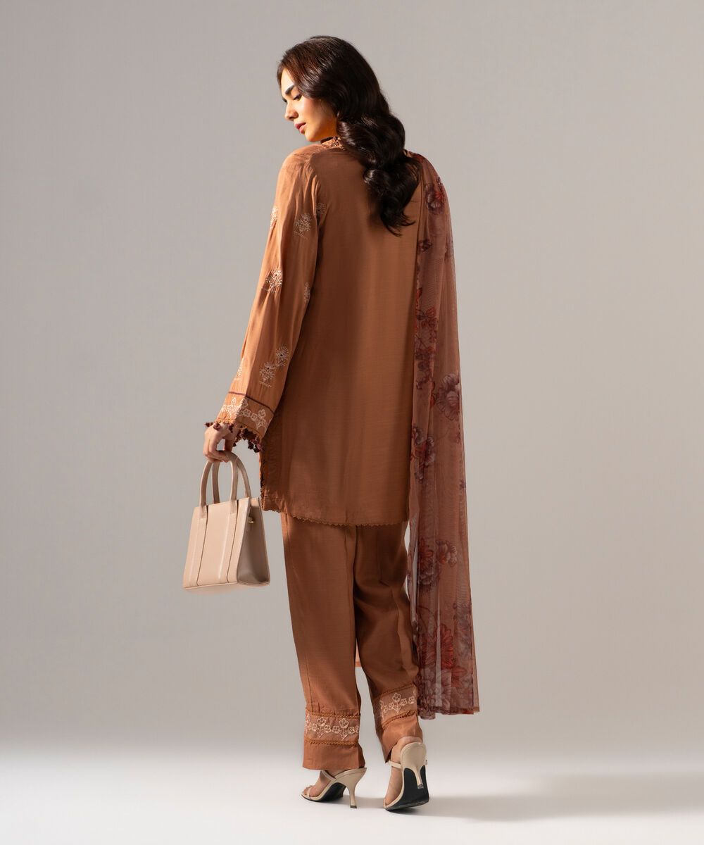 Women's RTW PK Raw Silk Solid Embroidered Brown 3 Piece Suit