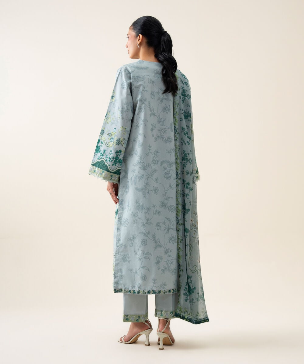 Women's Unstitched Blended Chiffon Embroidered Blue 3 Piece Suit