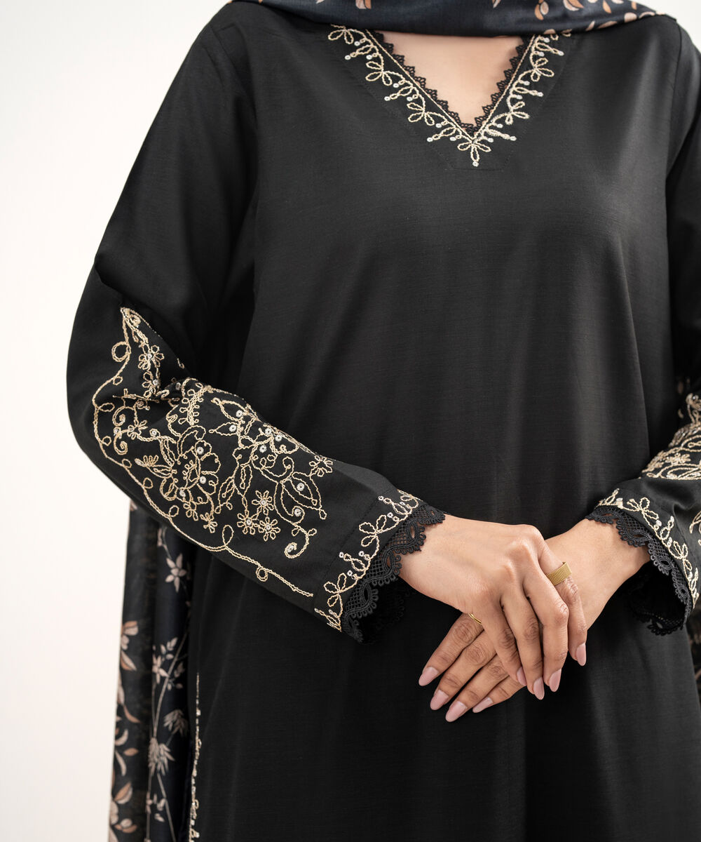 Women's RTW Cotton Viscose Embroidered Black 3 Piece Suit