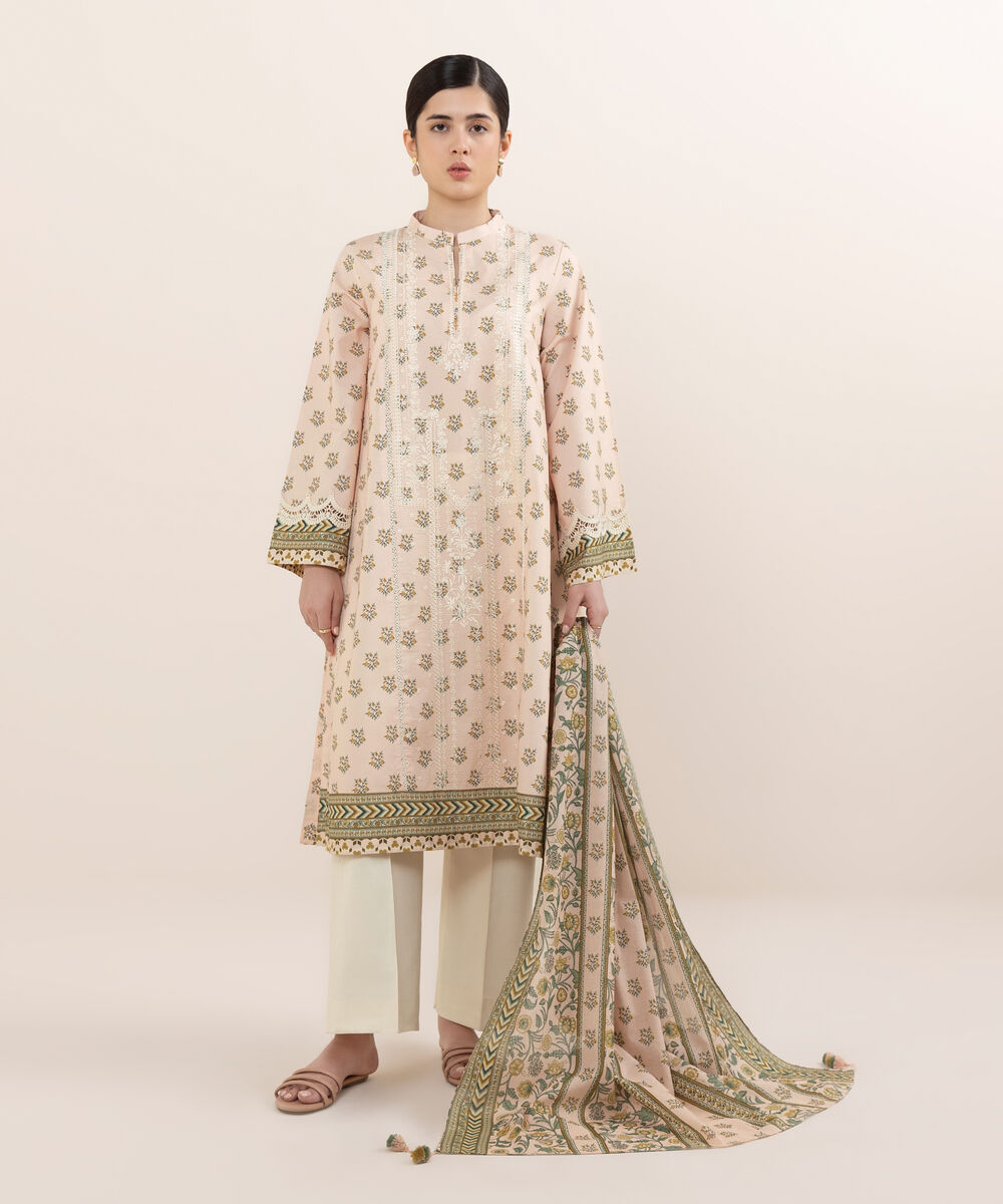 Women's Unstitched Lawn Embroidered Pink Two Piece Suit