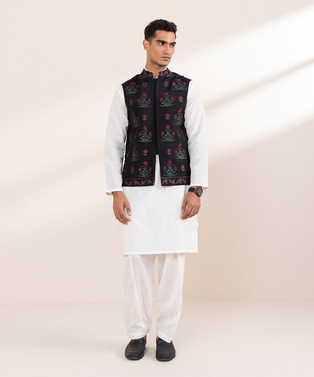 Man - Black Embroidered Raw Silk Waistcoat