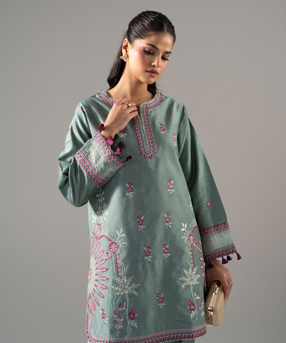 Women's RTW Cotton Net Solid Embroidered Green 2 Piece Suit
