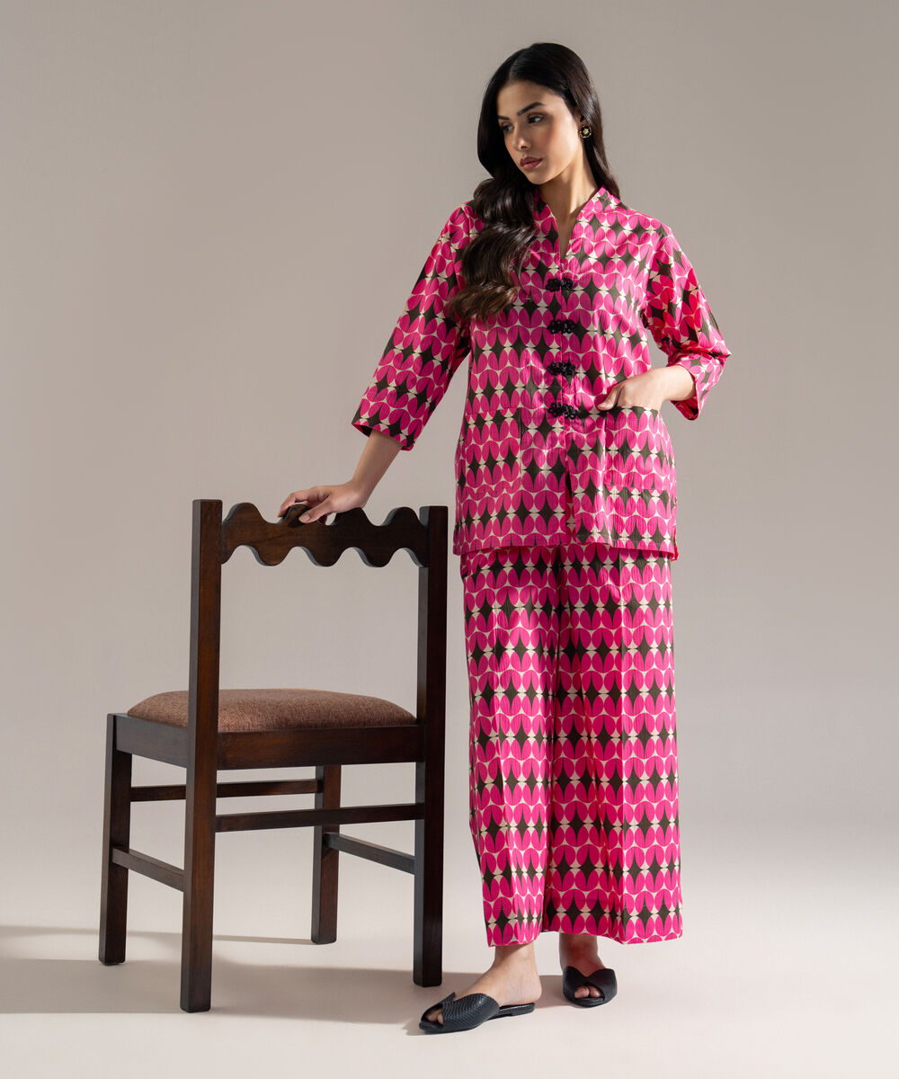 Women's RTW Seersucker Printed Pink 2 Piece Suit