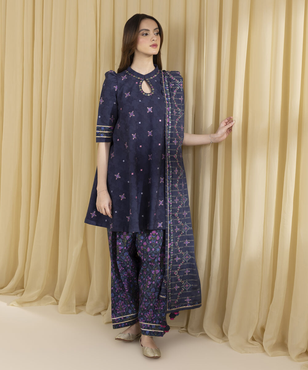 Unstitched Women's Blue Cotton Jacquard 3 Piece Suit