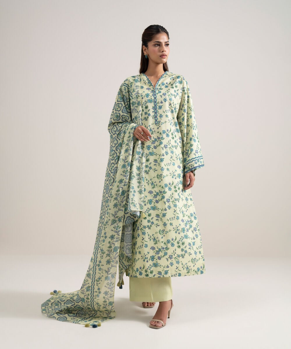 Women's Unstitched Lawn Printed Light Yellow 3 Piece Suit