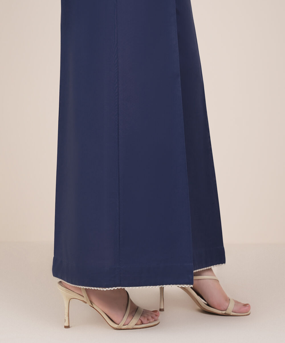 Women's RTW Cambric Blue Solid Flared Pants