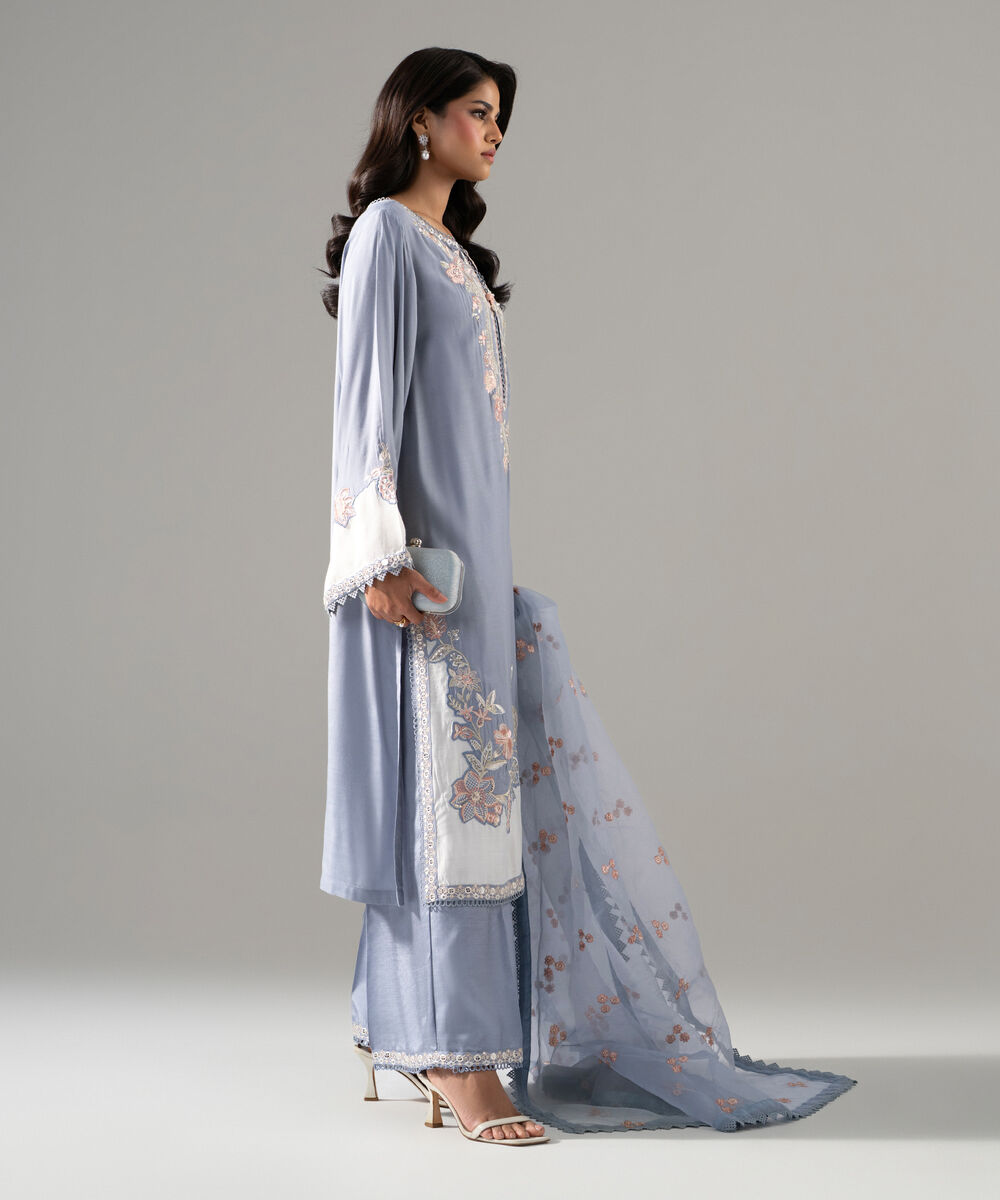 Women's RTW Raw Silk Solid Embroidered Blue 3 Piece Suit