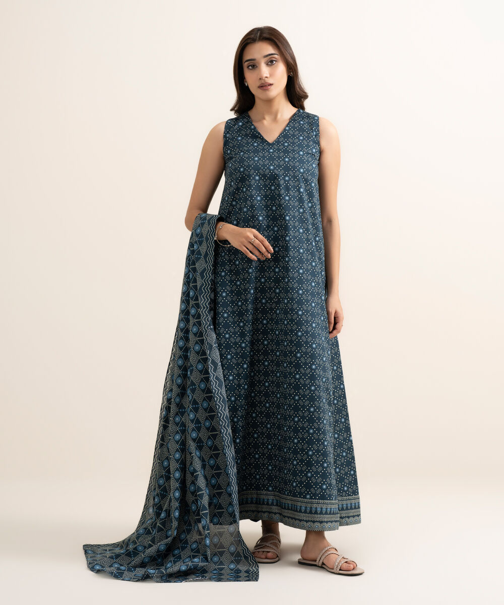 Women's Unstitched Lawn Printed Blue 3 Piece Suit