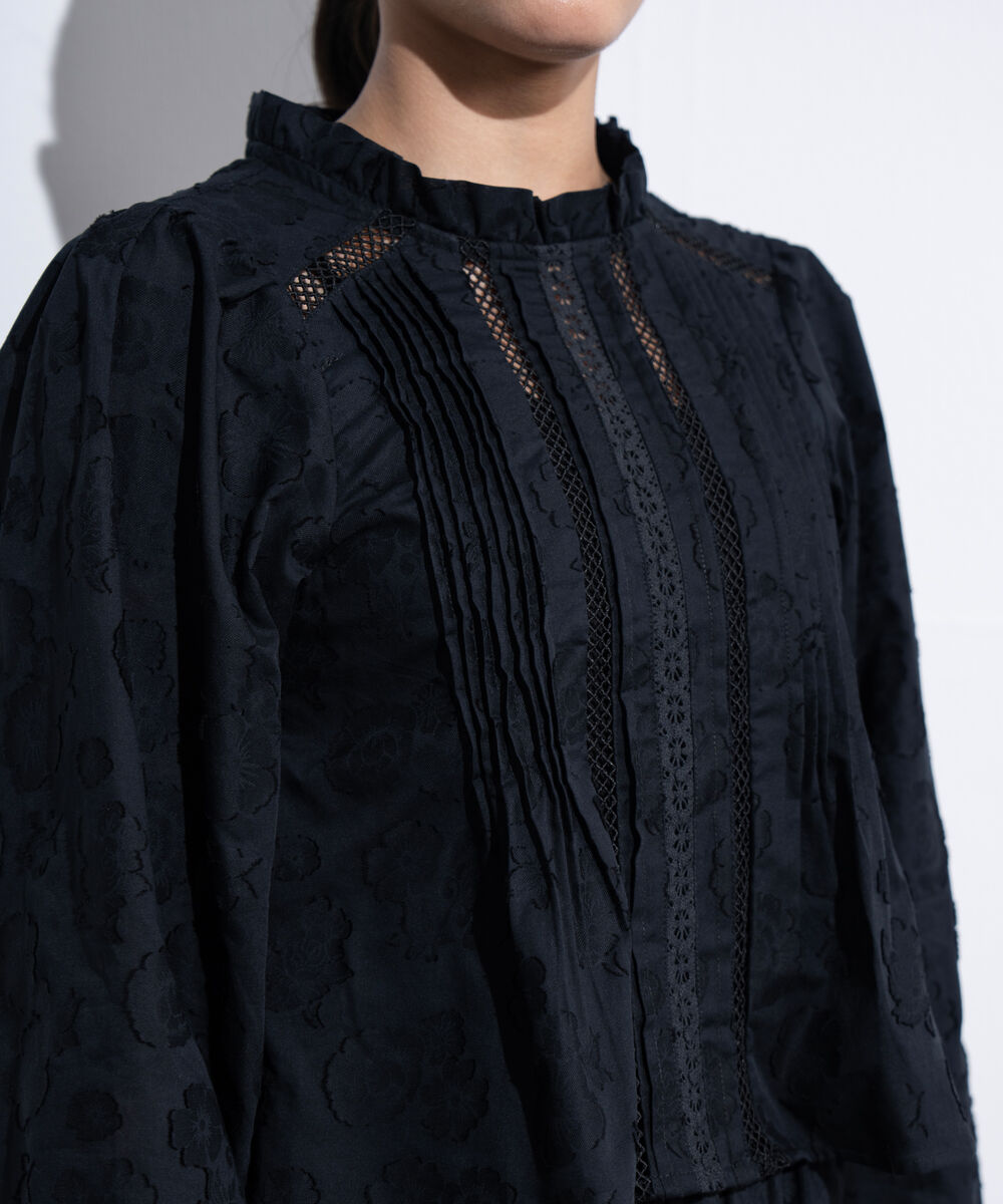 Women's Western Black Textured Blouse With Puffed Sleeves