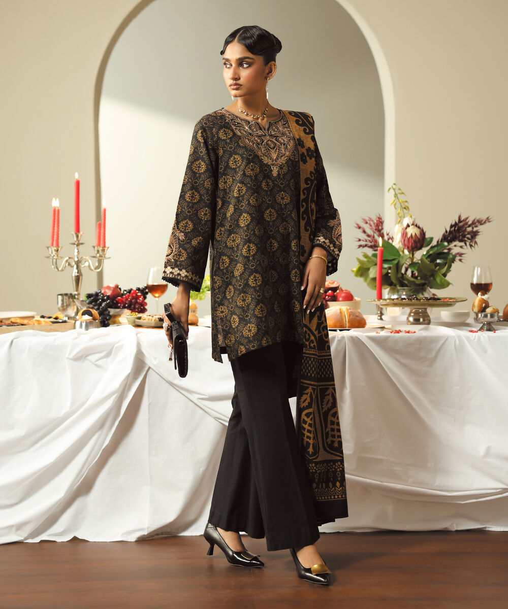 Women's RTW Khaddar Embroidered Black A-Line Shirt