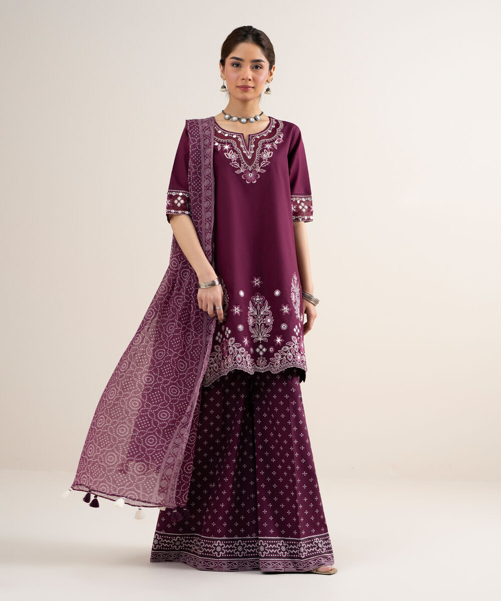 Women's Unstitched Textured Lawn Embroidered Purple 3 Piece Suit