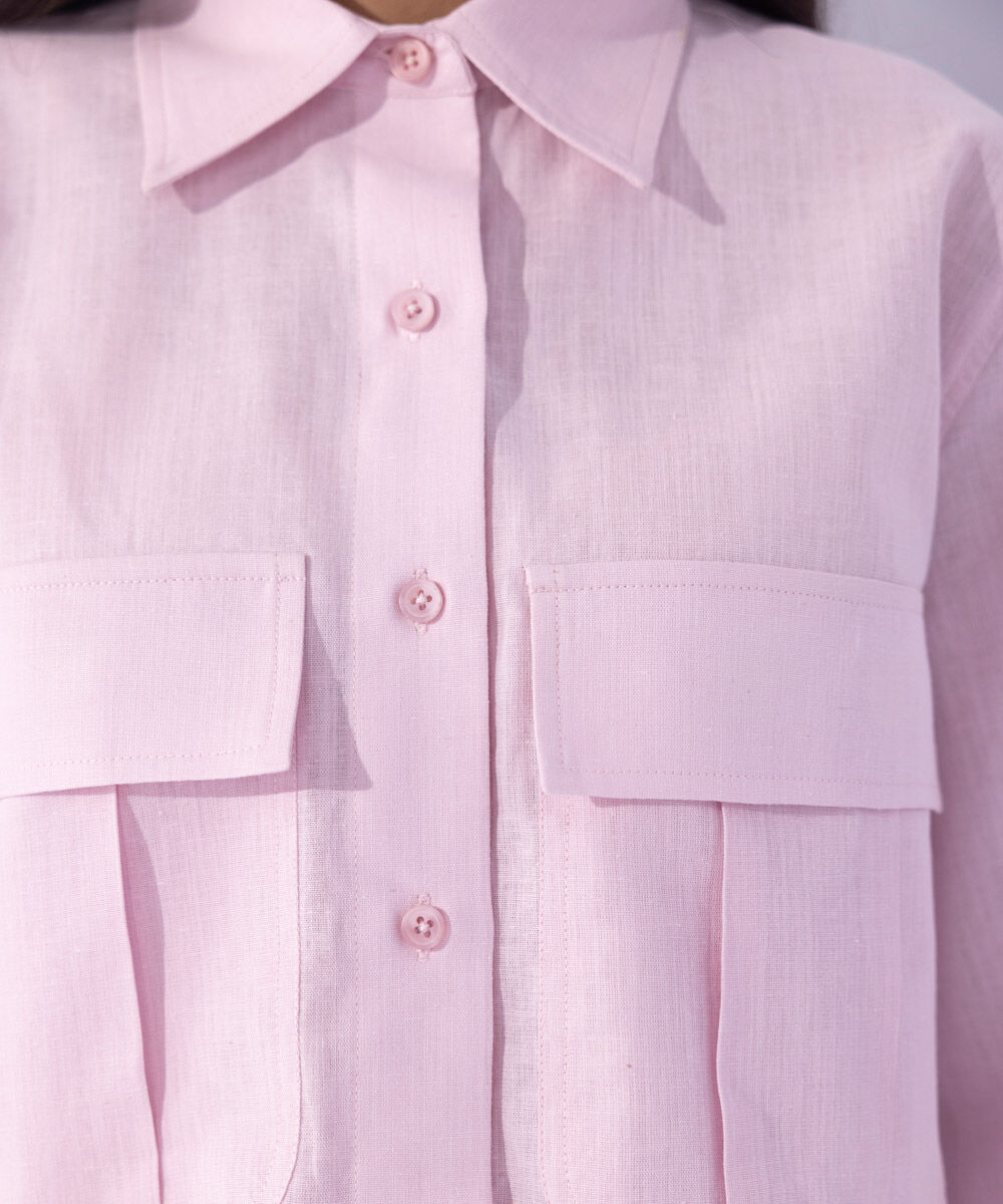 Women's Western Wear Pink  Cropped Shirt With Cargo Pockets