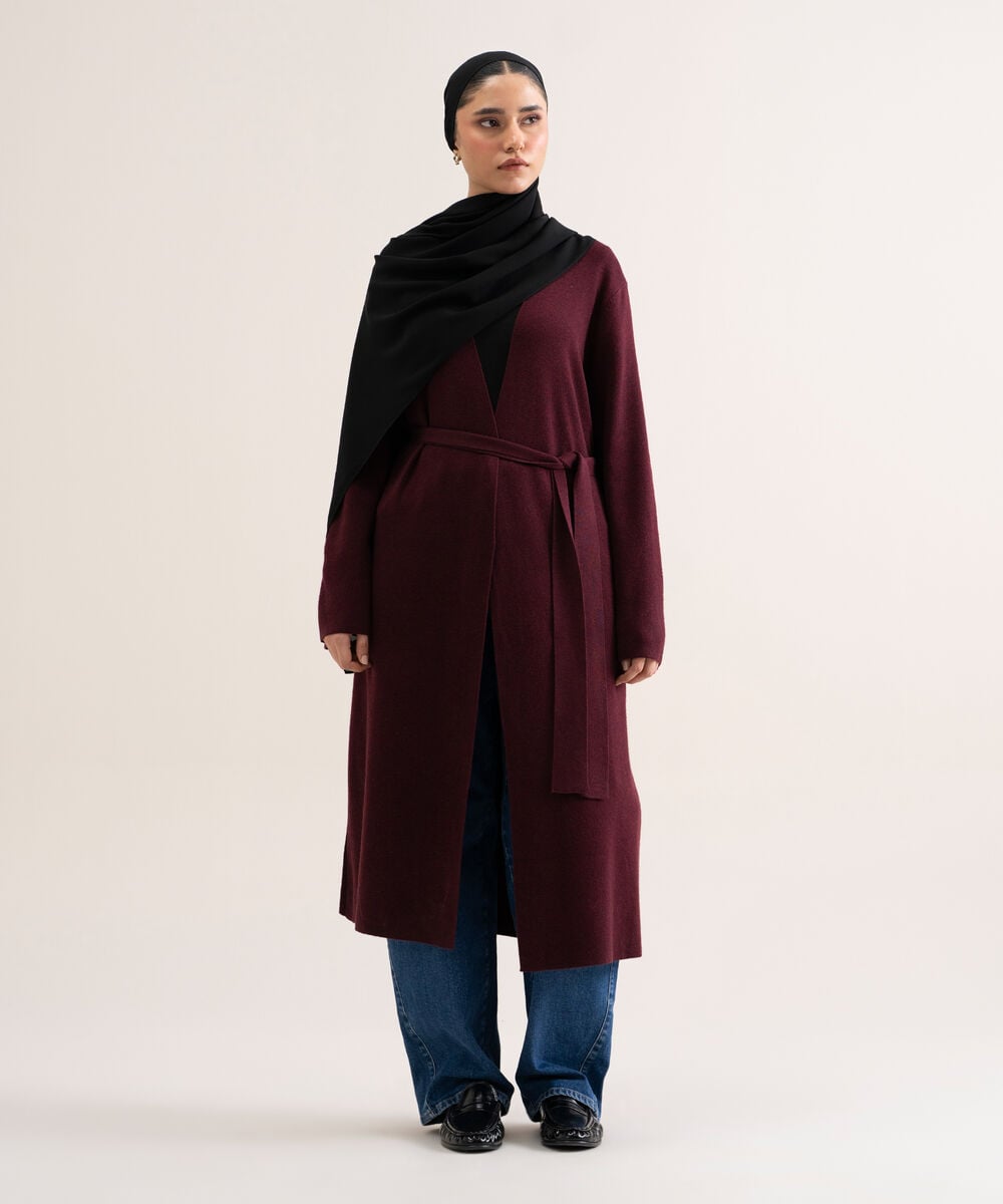 Women's Burgundy Solid Sweater-Knit Abaya Set