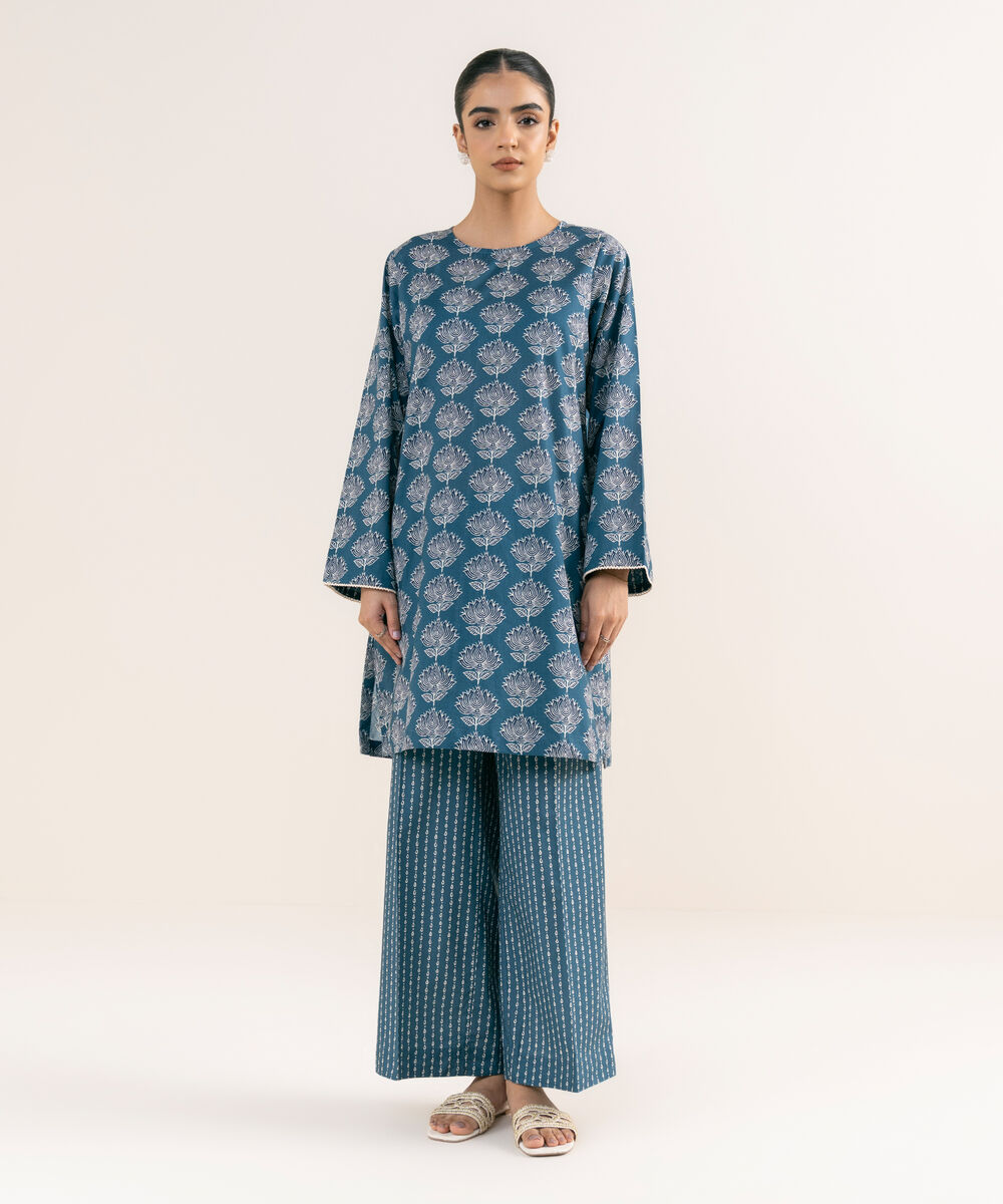 Women's RTW Textured Lawn Blue Printed A-Line Shirt