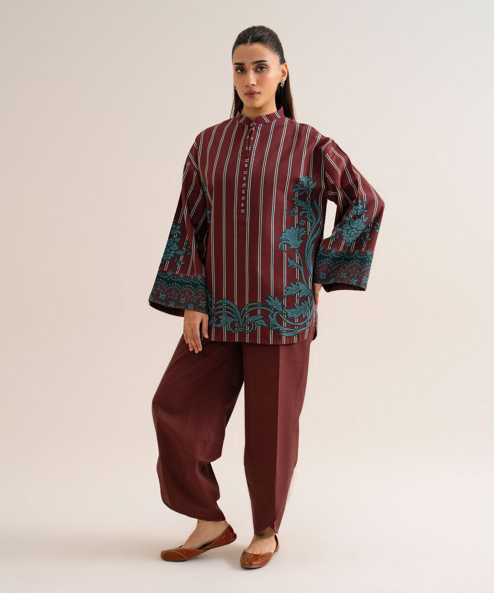 Women's Unstitched Premium Khaddar Printed Maroon 2 Piece Suit