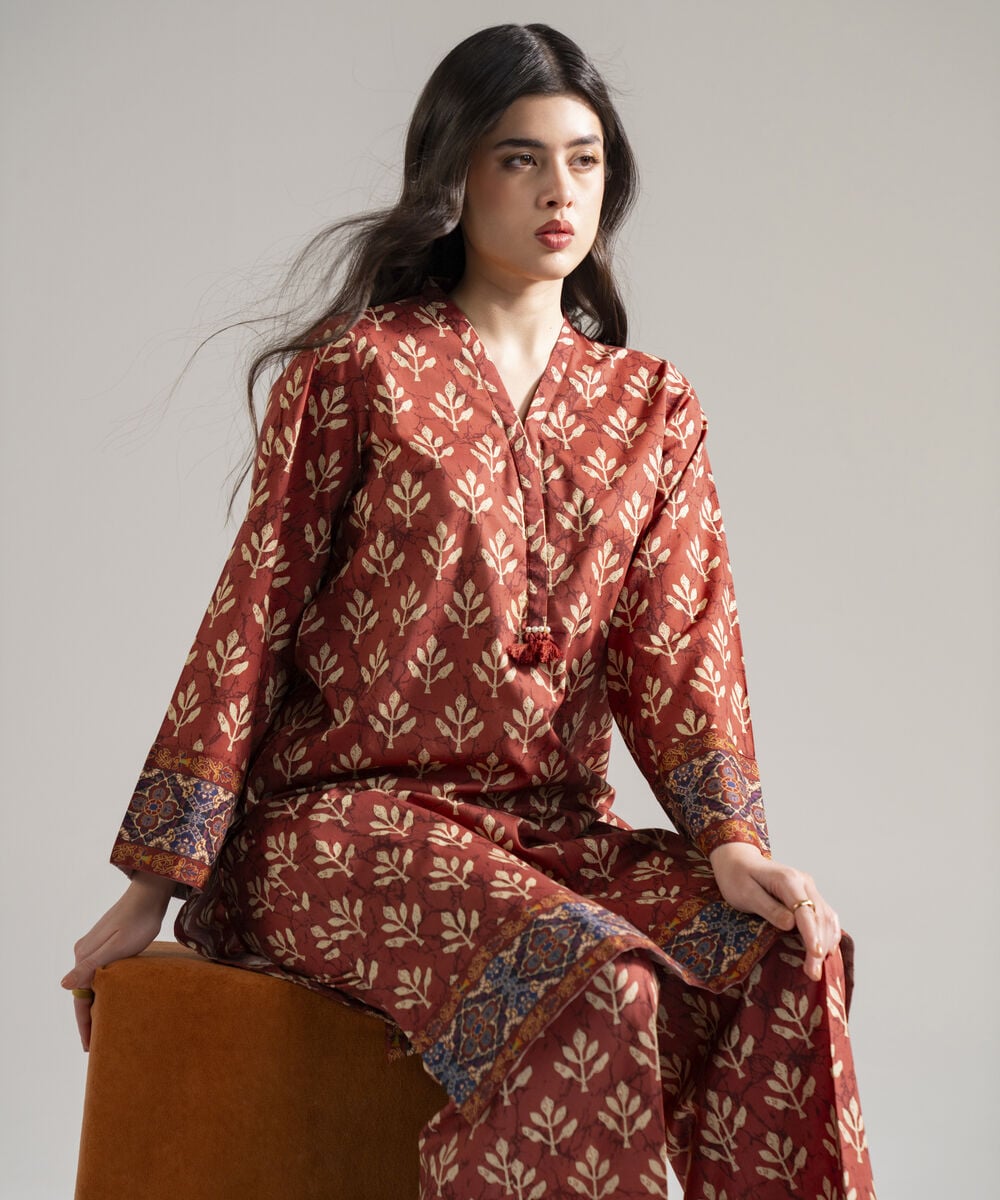 Women's RTW Lawn Printed Rust 2 Piece Suit