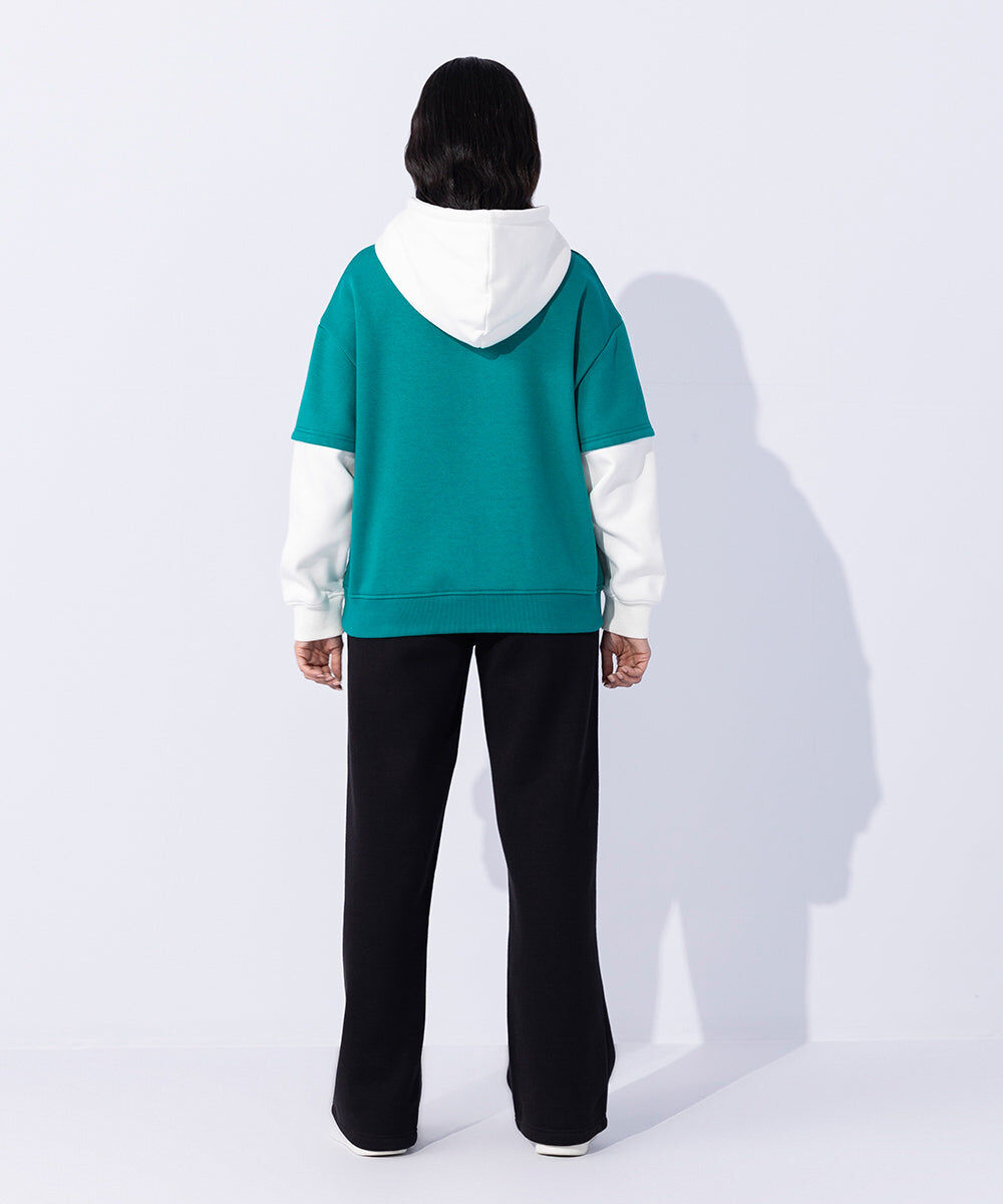Woman - Green Fleece Color Blocked Hoodie