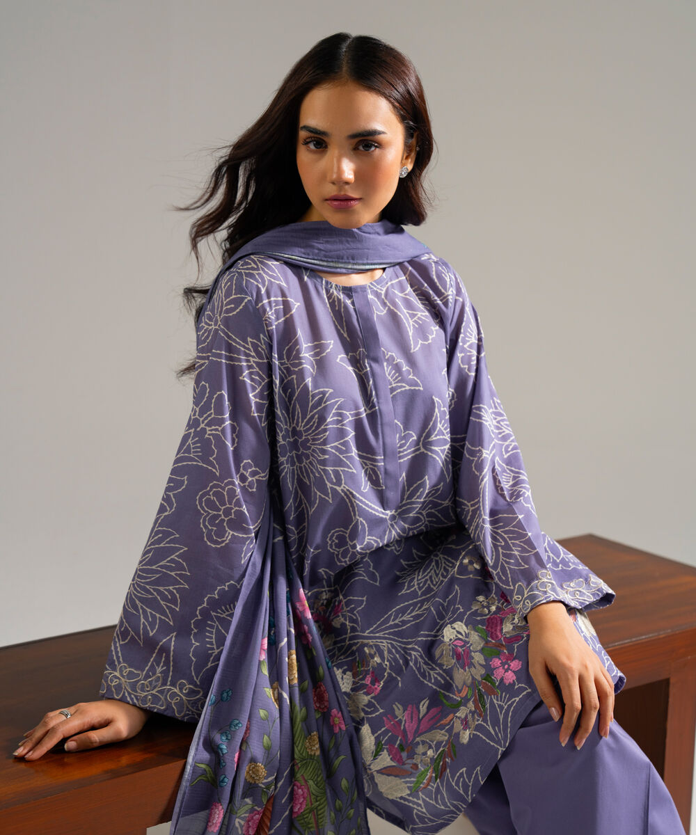 Women's RTW Lawn Embroidered Lilac 3 Piece Suit