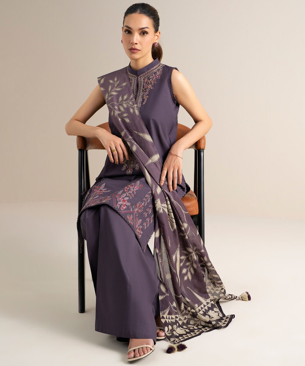 Women's Unstitched Lawn Embroidered Dull Purple  3 Piece Suit