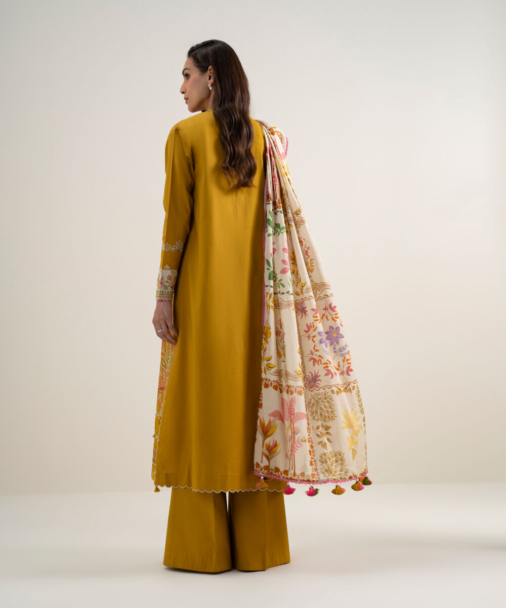 Women's Unstitched Dobby Embroidered Mustard 3 Piece Suit