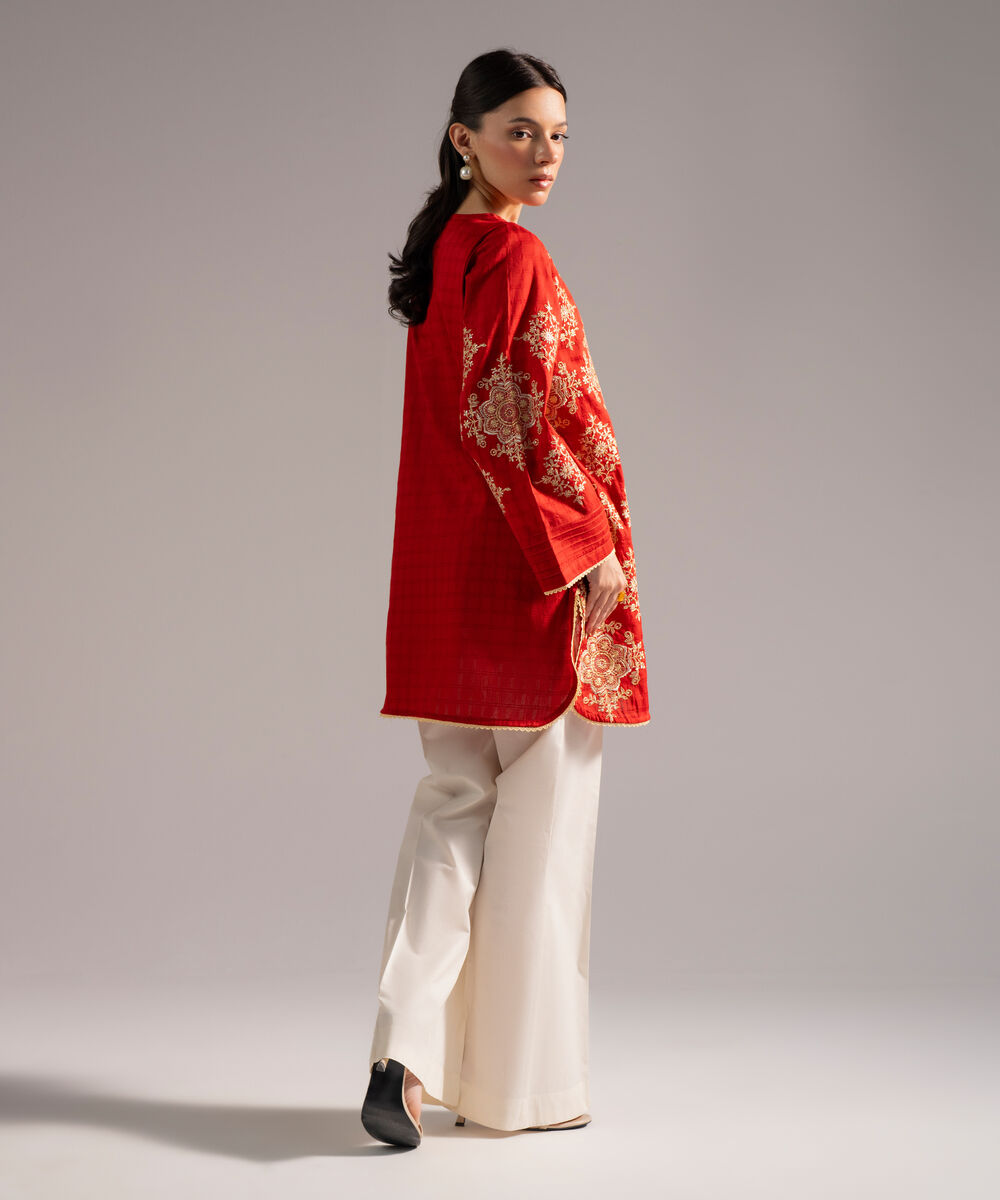 Women's RTW Dobby Embroidered Straight Rust Shirt