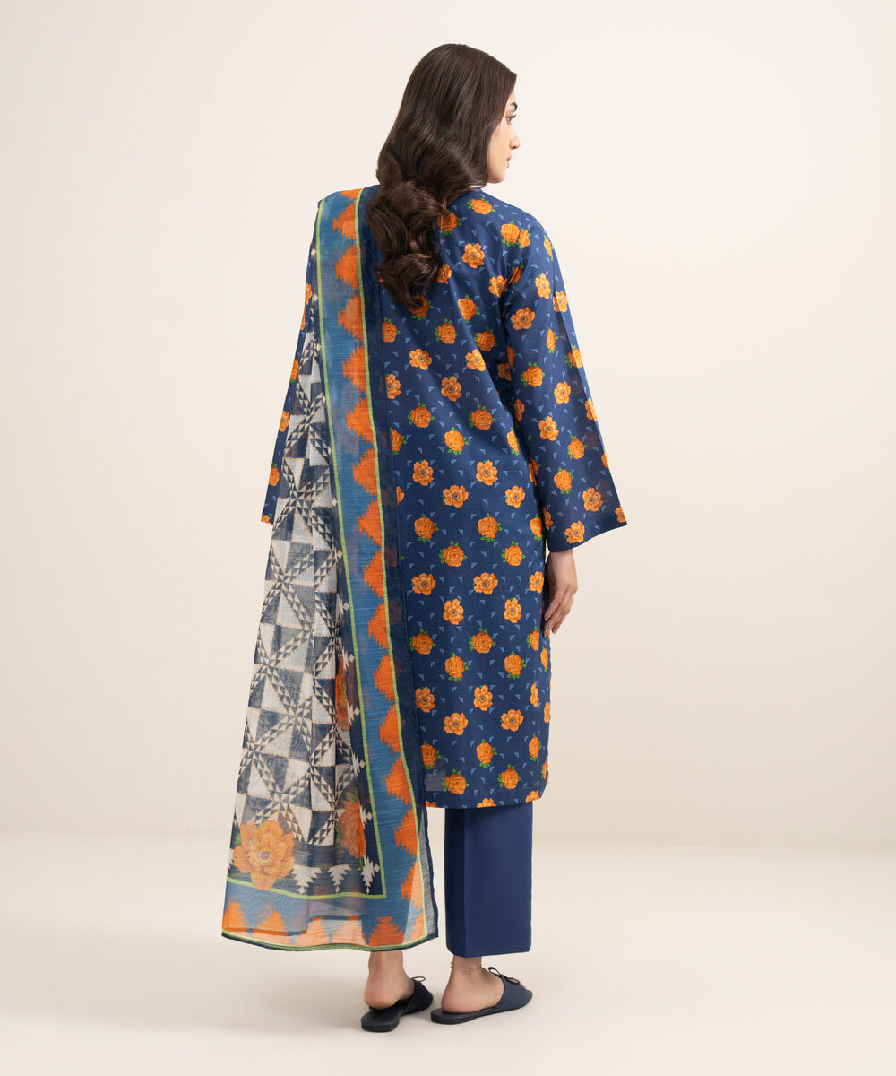 Women's RTW Slub Lawn Printed Dark Blue 3 Piece Suit