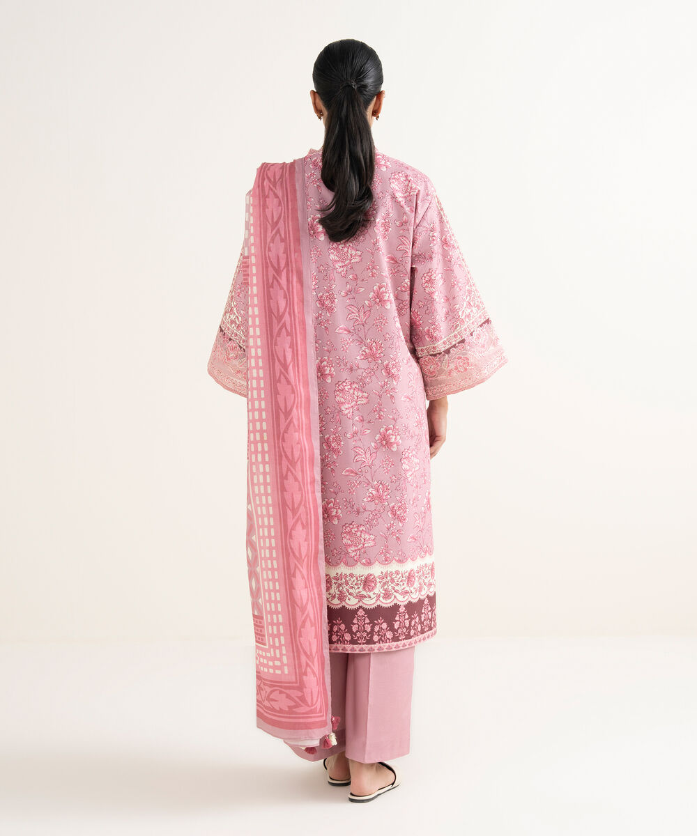Women's Unstitched Cotton Printed Pink 3 Piece Suit