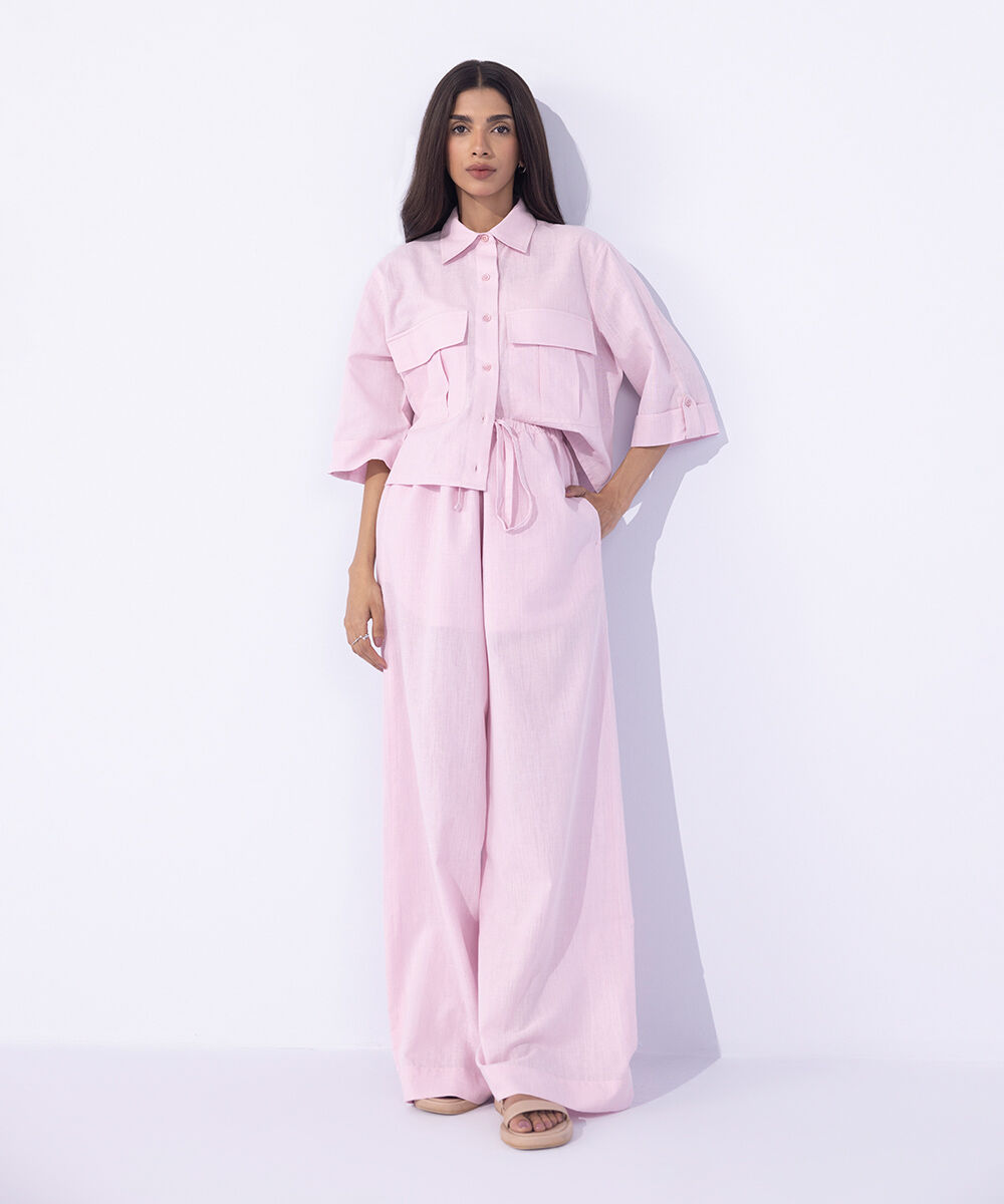 Women's Western Wear Pink Linen Blend Pull On Trousers