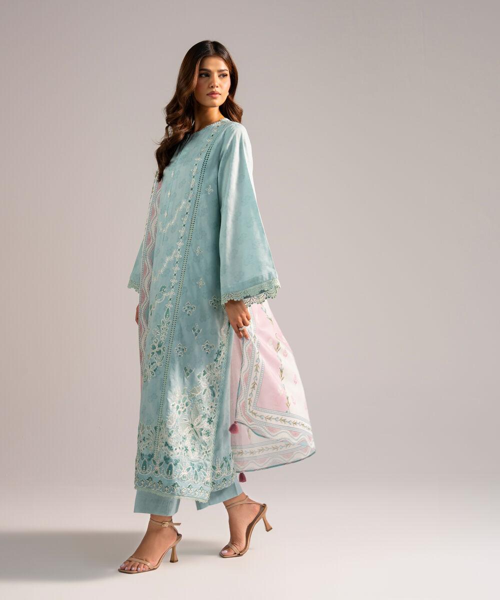 Women's RTW Self Jacquard Embroidered Blue 3 Piece Suit